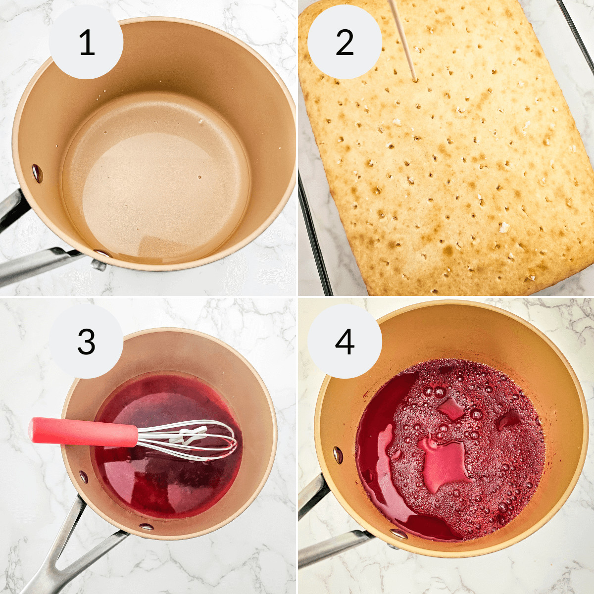 Step-by-step images showing the preparation of a recipe: 1) empty pot, 2) cherry, 3) mixing ingredients with a whisk, 4) cooked mixture in the