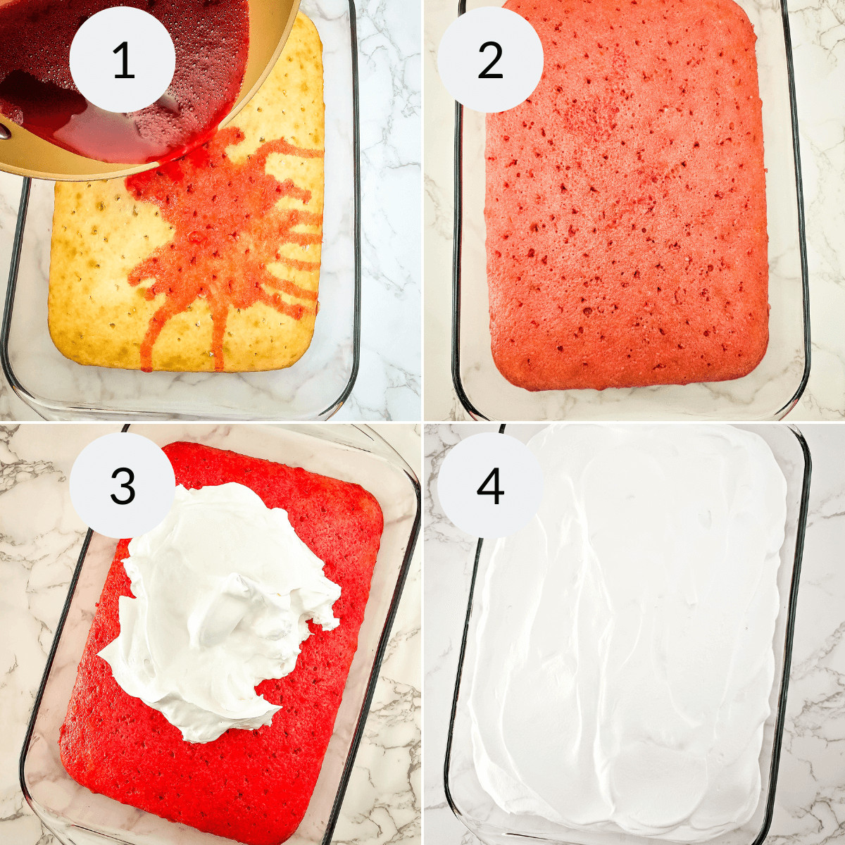 Four step collage showing the process of making the dessert 1) pouring red cherry syrup on a yellow cake. 2) cake absorbing syrup. 3) topping with whipped cream. 