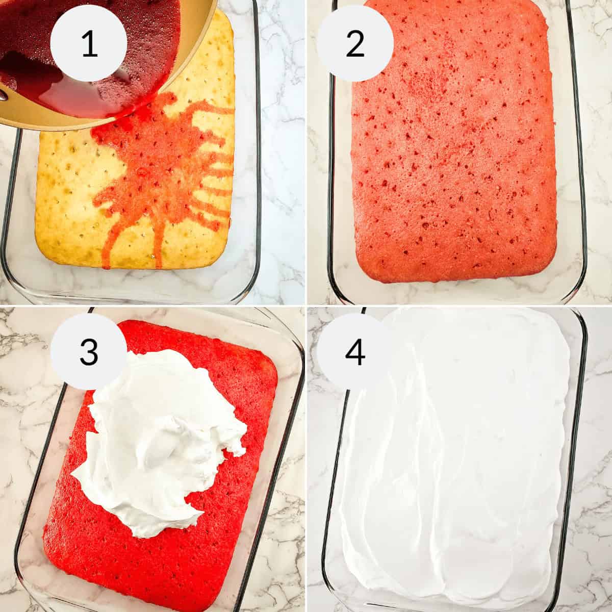 Four step collage showing the process of making the dessert 1) pouring red cherry syrup on a yellow cake. 2) cake absorbing syrup. 3) topping with whipped cream. 