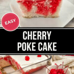 A slice of cherry poke cake topped with white icing and a cherry, with additional cherries in a bowl and more slices of cherry poke cake nearby.