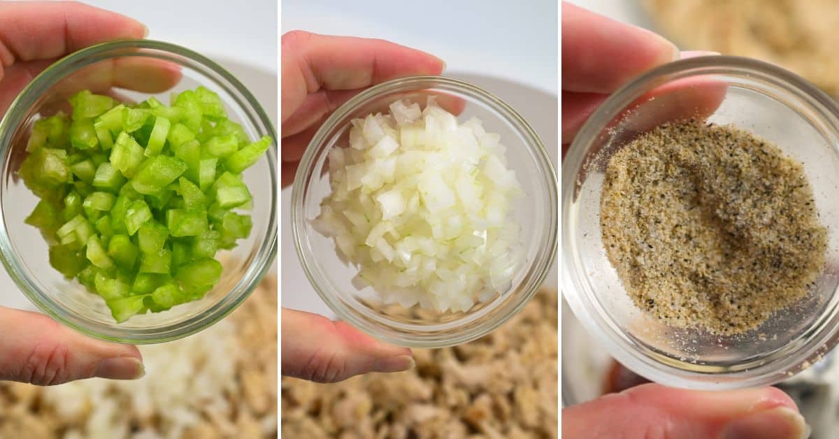 Three photos show hands holding small glass bowls with chopped green bell pepper, chopped onion, and a peppery seasoning blend over a bowl of chipotle chicken salad ingredients.