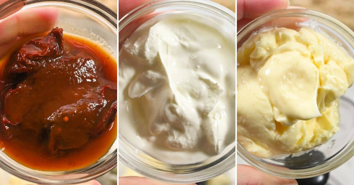 Three glass bowls, each held in one hand, contain chipotle peppers in sauce, plain yogurt, and mayonnaise, shown from above—the perfect trio of ingredients for a flavorful chipotle chicken salad.