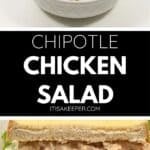 A bowl of zesty chipotle chicken salad with a fresh parsley garnish sits beside two stacked chipotle chicken salad sandwiches on white bread, layered with crisp lettuce.