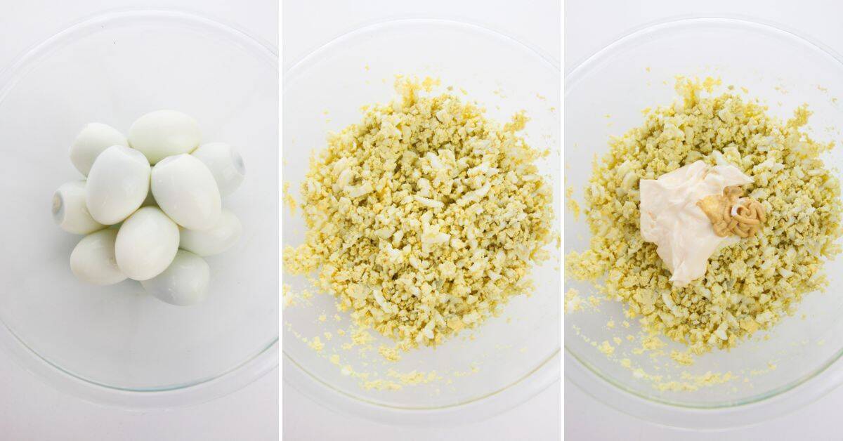 Three panels showing the process of making Classic Egg Salad: whole boiled eggs, chopped eggs, and chopped eggs with mayonnaise and mustard added.