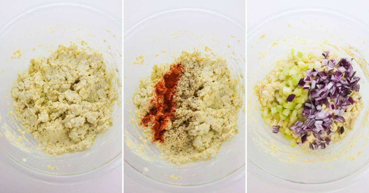 Three panels showing the progression then with spices added, then with chopped celery and red onion mixed in for a fresh twist.