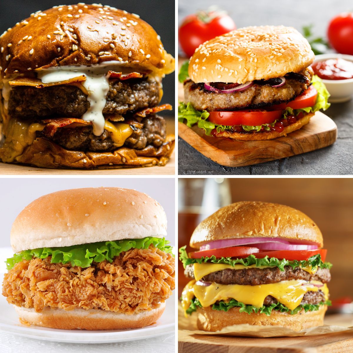 A recipe index of four different burgers, including a cheesy double burger, a classic burger with tomatoes and lettuce, a crispy chicken burger, and a burger with melting cheese and fresh vegetables.