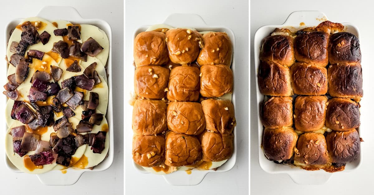 Three stages of a baked slider dish: uncooked philadelphia cheese steak sliders with toppings, assembled with buns, and fully baked with golden brown tops.