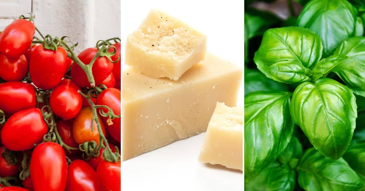 A bunch of fresh tomato, fresh basil and cheese.