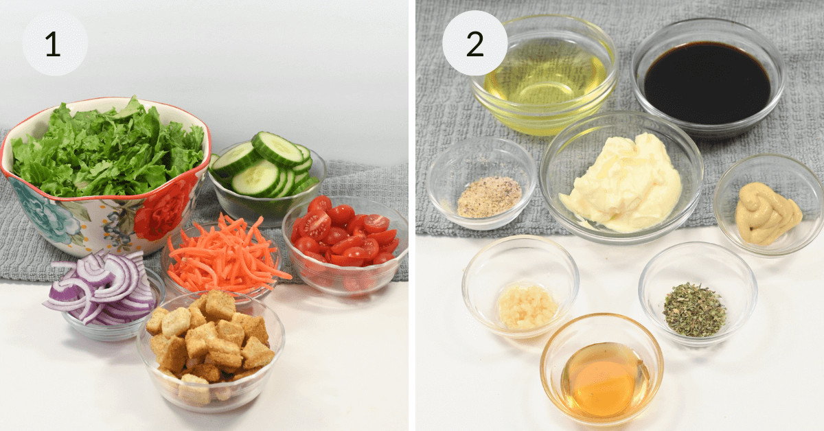 Two images labeled 1 and 2 showcasing house salad ingredients and dressing components respectively: fresh vegetables in bowls and small containers with creamy balsamic dressing, oils, vinegar, and seasonings.