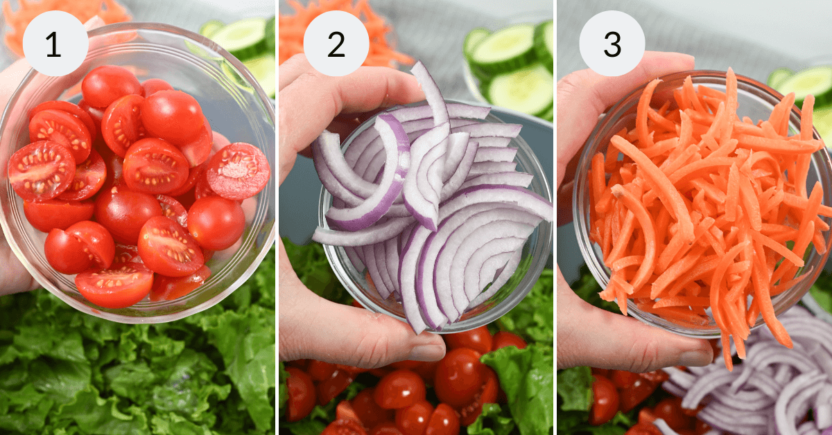 Three images showing hands holding bowls of fresh ingredients for a house salad: 1) halved cherry tomatoes, 2) sliced red onions, 3) shredded carrots, with lettuce visible in the