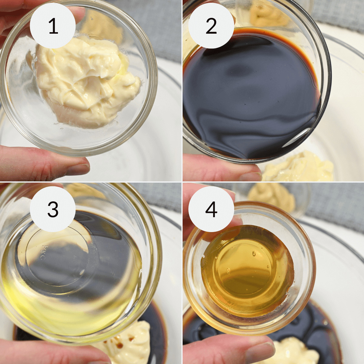 Four-step process of making a dressing: 1. mayonnaise in a bowl, 2. adding balsamic liquid, 3. pouring clear oil, 4. final mixed sauce
