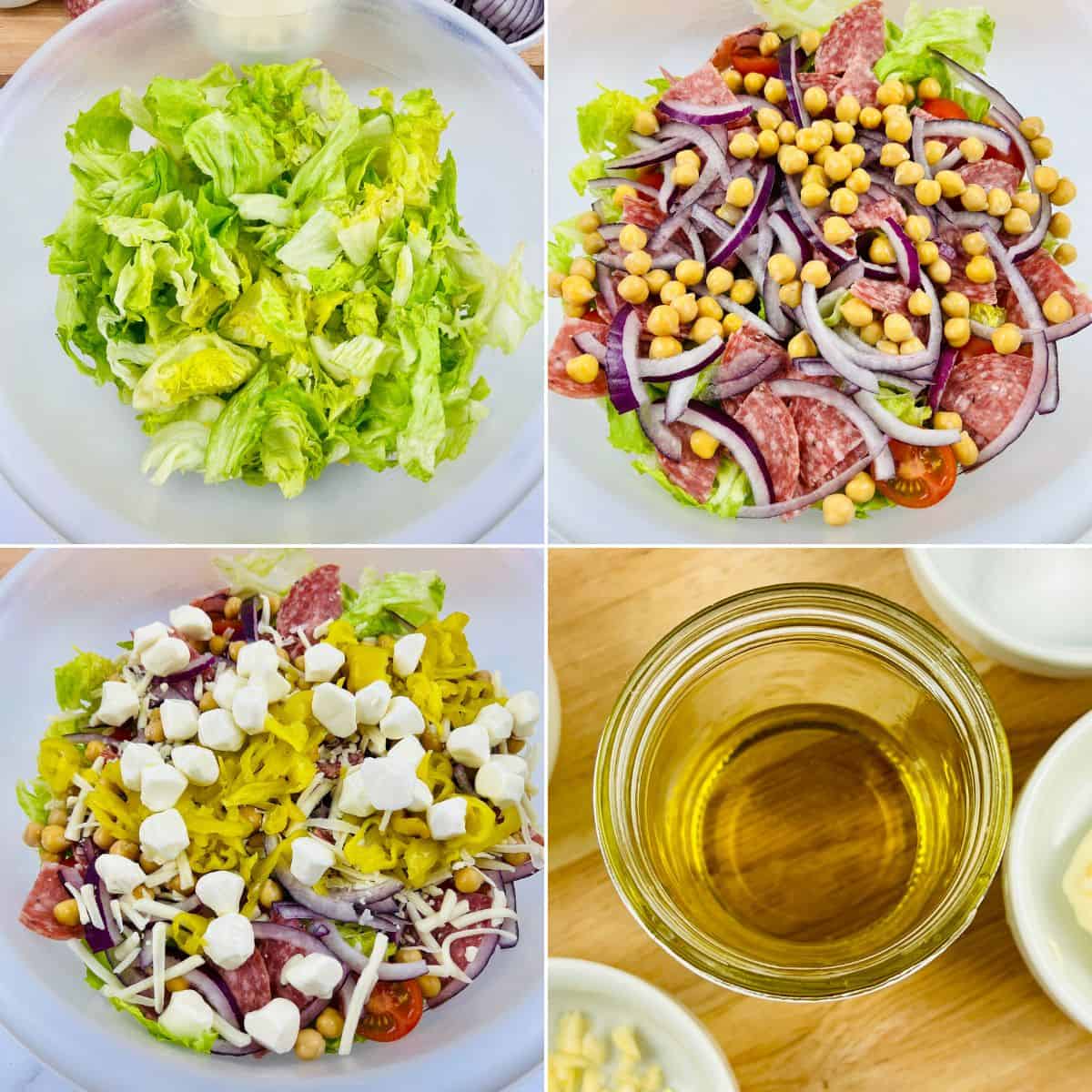 Four images: chopped lettuce in a bowl, lettuce topped with salami, chickpeas, red onion, and tomatoes, the same salad with added cheese and peppers, and a jar of olive oil on a wooden surface—everything you need to create a fresh and flavorful Italian Chopped Salad.