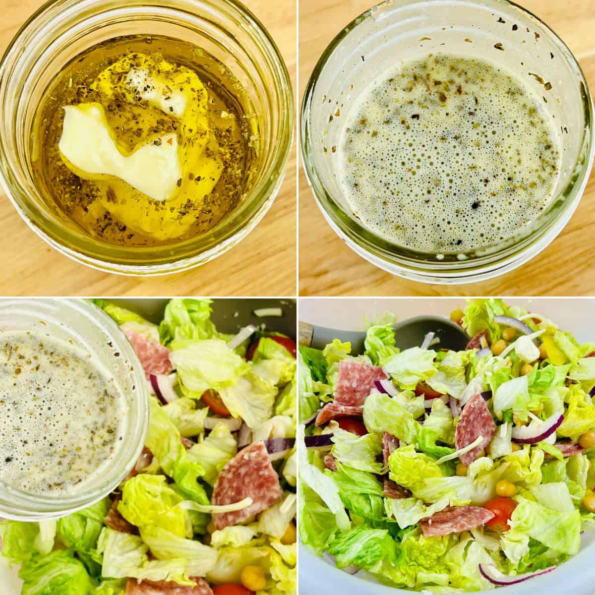Four images show: a jar with oil, butter, and herbs; the same jar mixed; the dressing being poured; and a bowl of Italian Chopped Salad with dressing, meat, and vegetables.