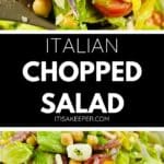 A bowl of Italian Chopped Salad with lettuce, cherry tomatoes, salami, chickpeas, yellow peppers, and mozzarella slices is shown close up.
