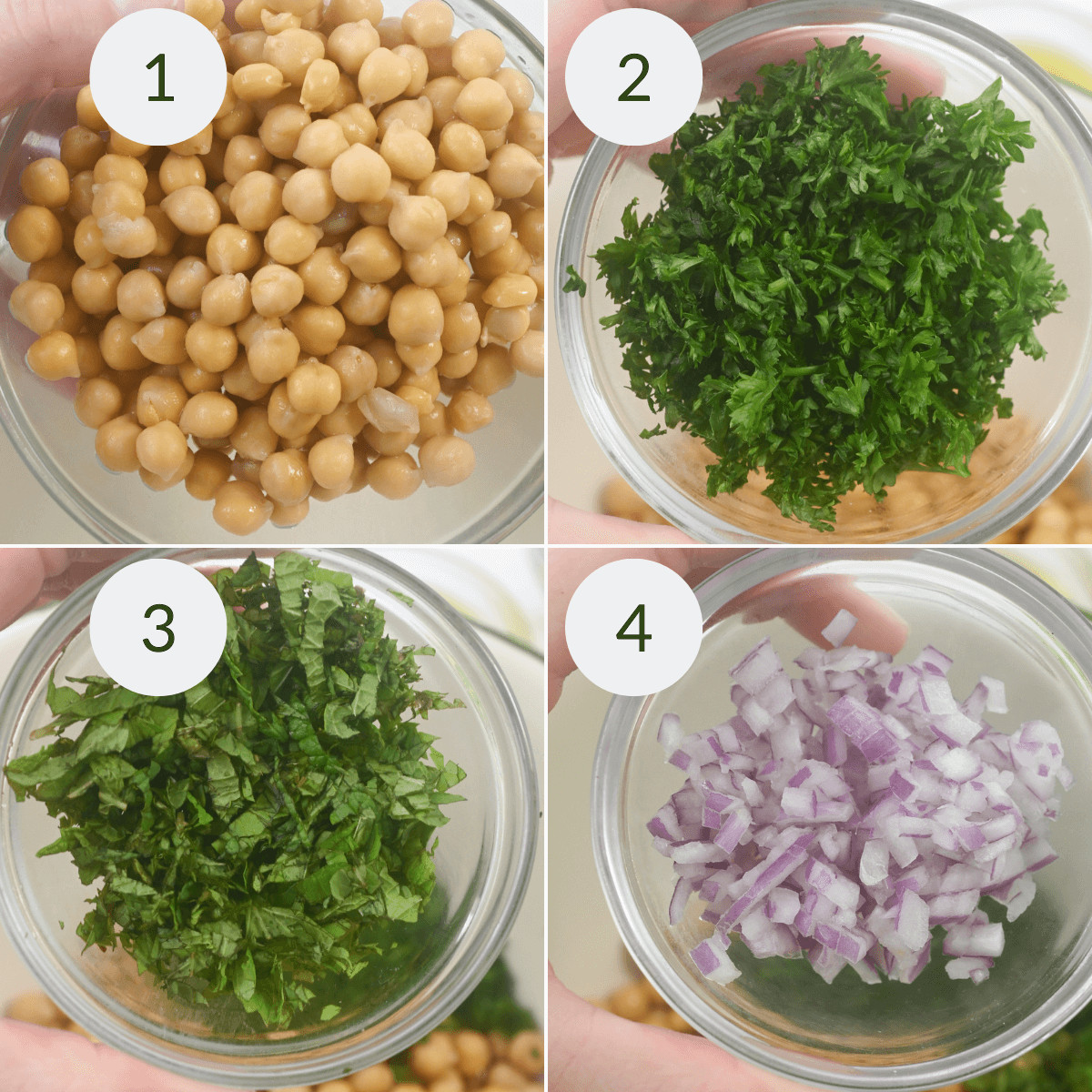 Four images displaying ingredients for a salad in bowls: 1) chickpeas, 2) finely chopped parsley, 3) coarsely chopped parsley, 4) diced
