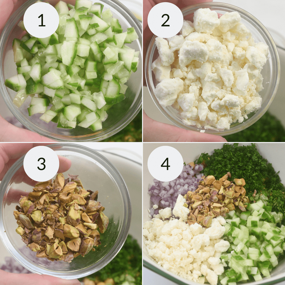 Four images showcasing ingredients for a Jennifer Aniston salad recipe: 1) diced cucumber, 2) crumbled feta cheese, 3) chopped olives, 4) a mix of