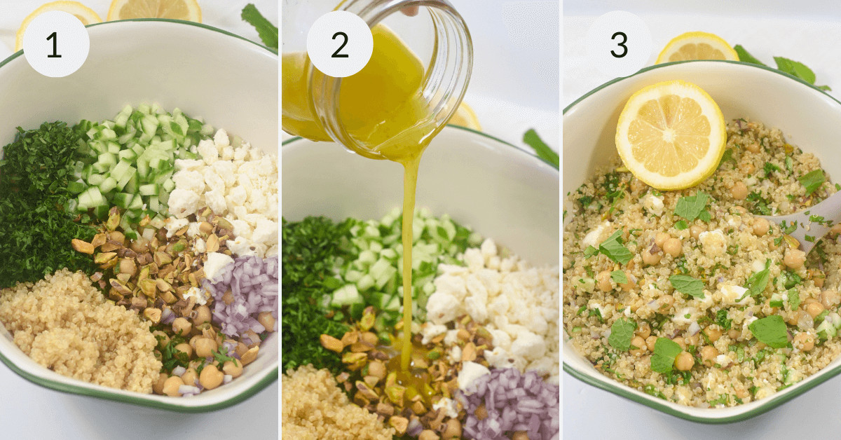 Three-step preparation of a Jennifer Aniston salad: 1) chopped ingredients in a bowl, 2) pouring dressing, 3) finished salad with lemon garnish.