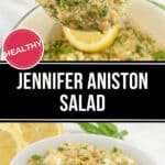 A bowl of quinoa salad with chickpeas and herbs, labeled as "Jennifer Aniston salad," with a spoon scooping it out.