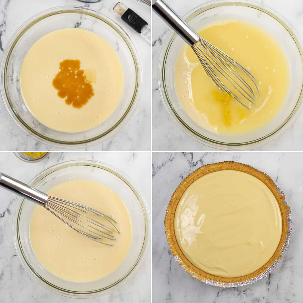 Four-step collage showing Lemon Icebox Pie filling being mixed in a glass bowl with a whisk, then poured into a prepared graham cracker pie crust on a marble surface.