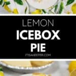 A slice of Lemon Icebox Pie with a graham cracker crust is served on a white plate, garnished with lemon wedges and whipped cream, next to a fork and fresh lemons.
