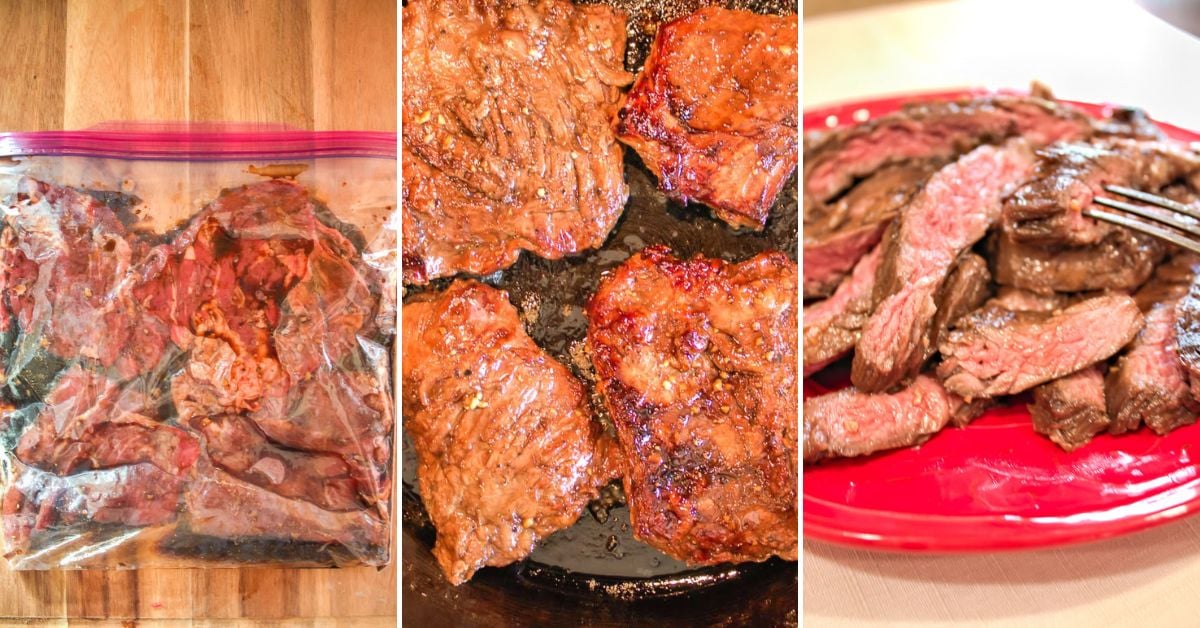 Three stages of Marinated Skirt Steak preparation: marinating raw steak in a plastic bag, grilling steaks in a pan, and serving delicious, sliced cooked steak on a red plate.
