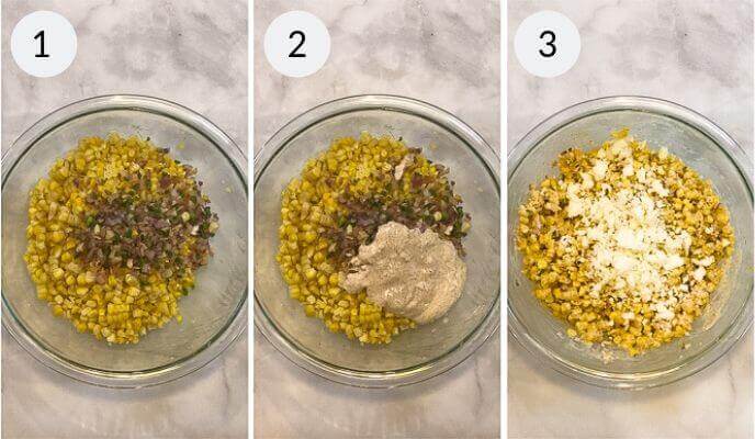 Three side-by-side images show stages of mixing Elote Salad—corn, chopped ingredients, creamy sauce, and cheese—in a glass bowl on a marble surface, labeled 1, 2, and 3.