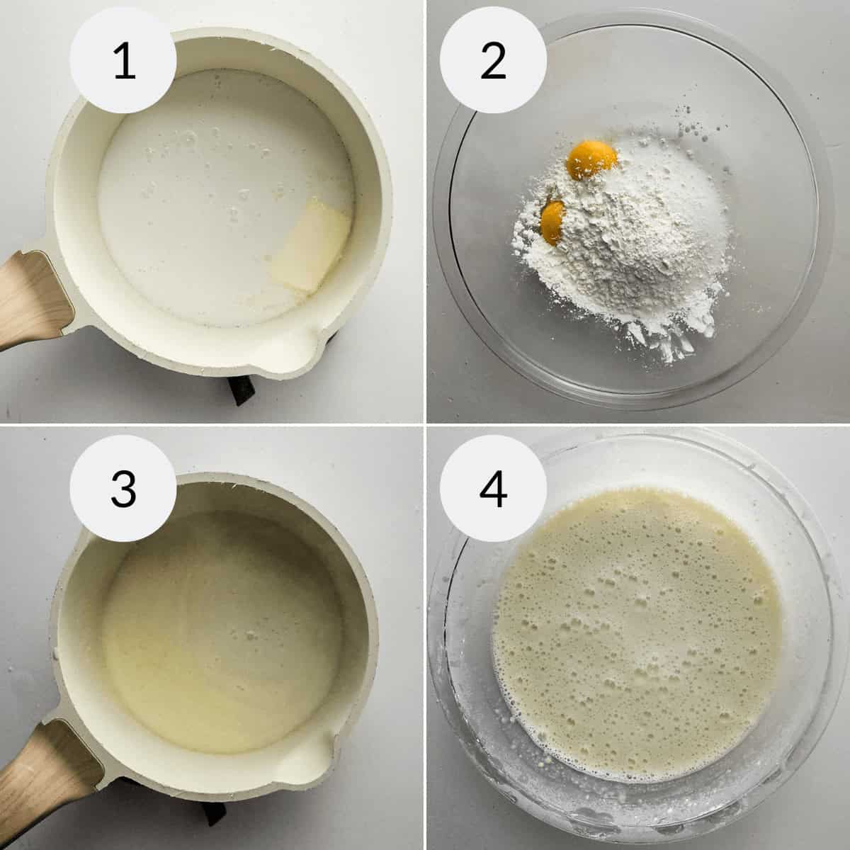 Four-step cooking process for Old Fashioned Coconut Cream Pie: 1) melted butter in a pot. 2) flour and eggs in a glass bowl. 3) mixed batter in the pot
