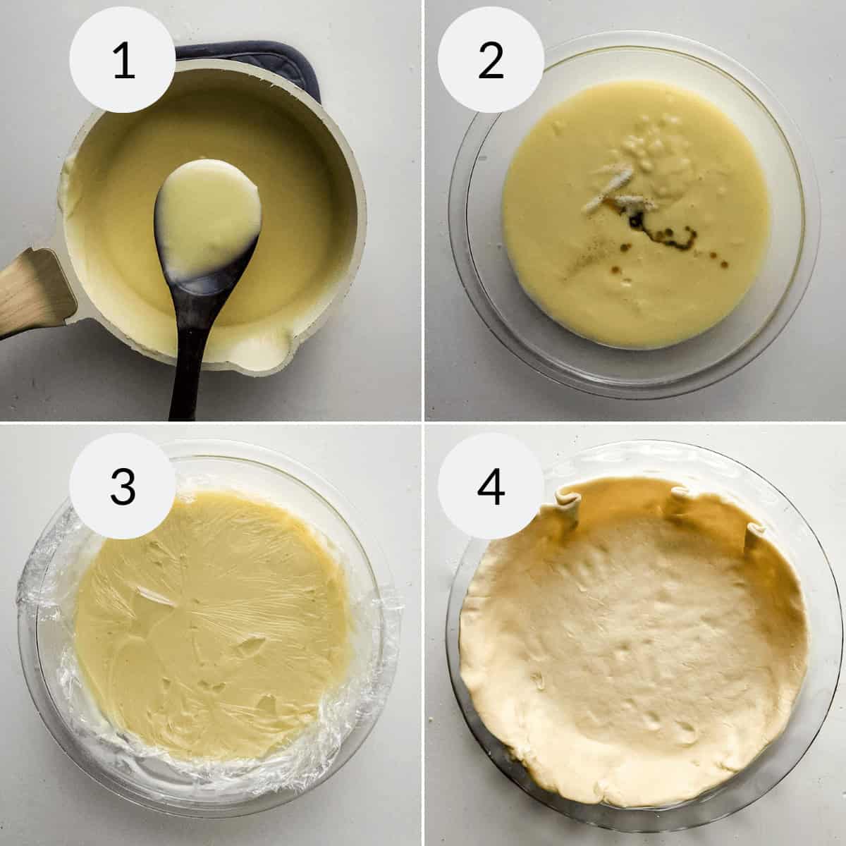 Four-step process of making a dessert: 1) mixing ingredients in a pot, 2) pouring mixture into a bowl, 3) mixture covered with plastic wrap, 4) final dessert