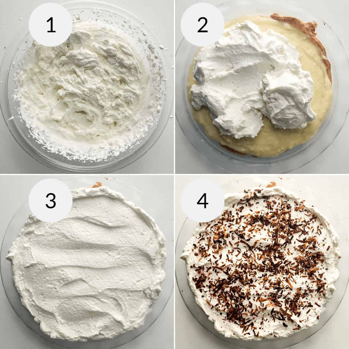 Four-step sequential images showing the making of an old-fashioned creamy dessert: 1) whipped cream in a bowl, 2) cream spread over custard in a crust, 3) smoothed cream