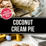 An old fashioned coconut cream pie topped with toasted coconut flakes, with one slice partially removed, displayed on a clear glass plate.