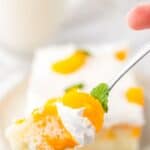 A fork holding a bite of Orange Creamsicle Cake topped with whipped cream, mandarin orange slices, and a mint leaf, with a glass of milk and cake slice in the background.
