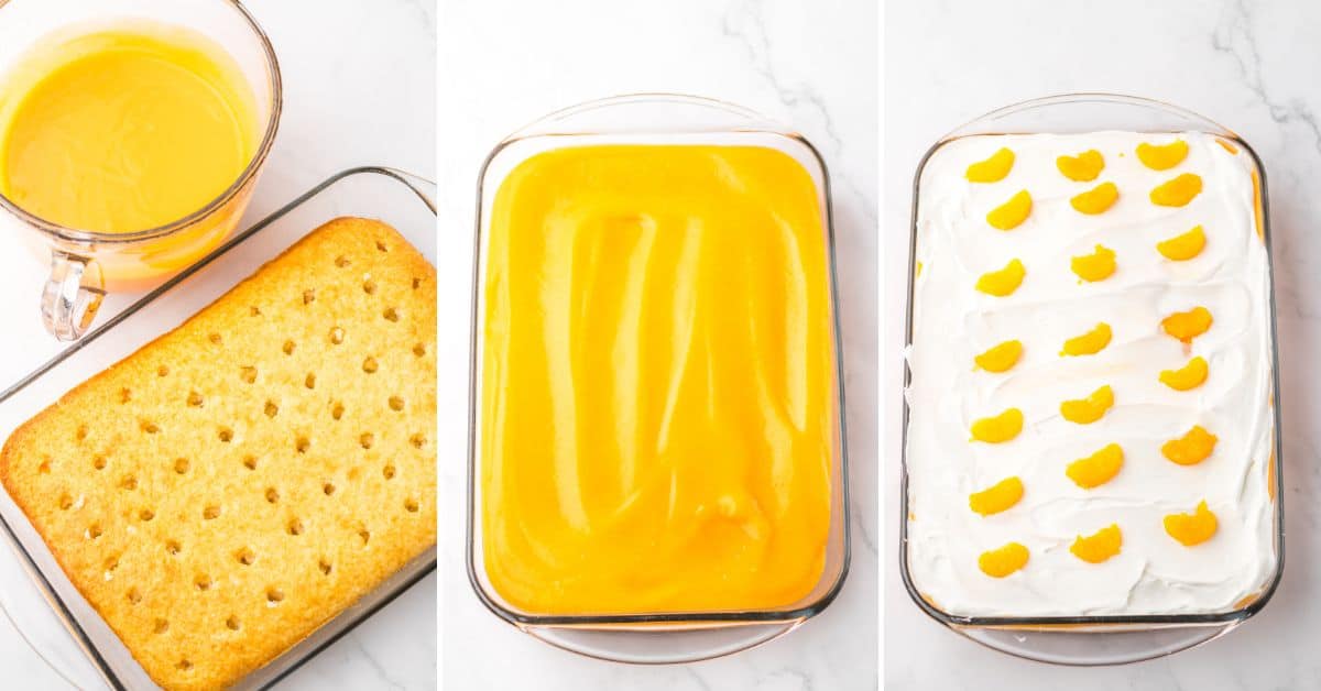 Three-step collage: yellow liquid in a measuring cup next to a poked cake, Orange Creamsicle Cake topped with yellow layer, and finished with white frosting and mandarin orange segments.