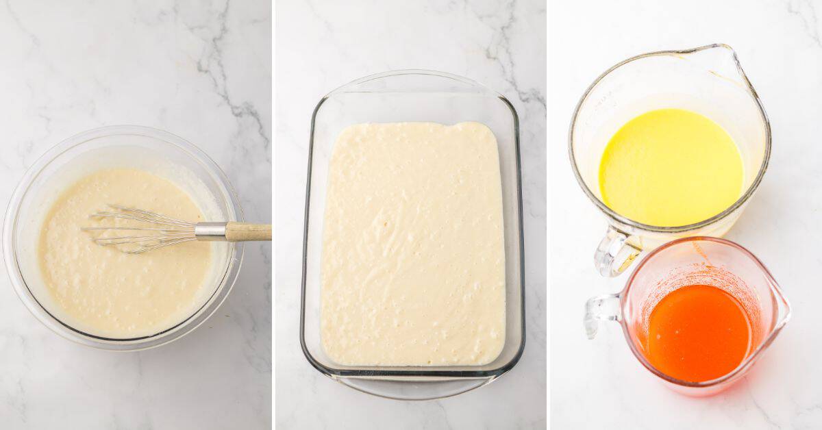 Three-panel image: cake batter in a bowl with a whisk, batter poured into a glass baking dish, and two measuring cups with yellow and orange liquids—perfect steps for making an Orange Creamsicle Cake.