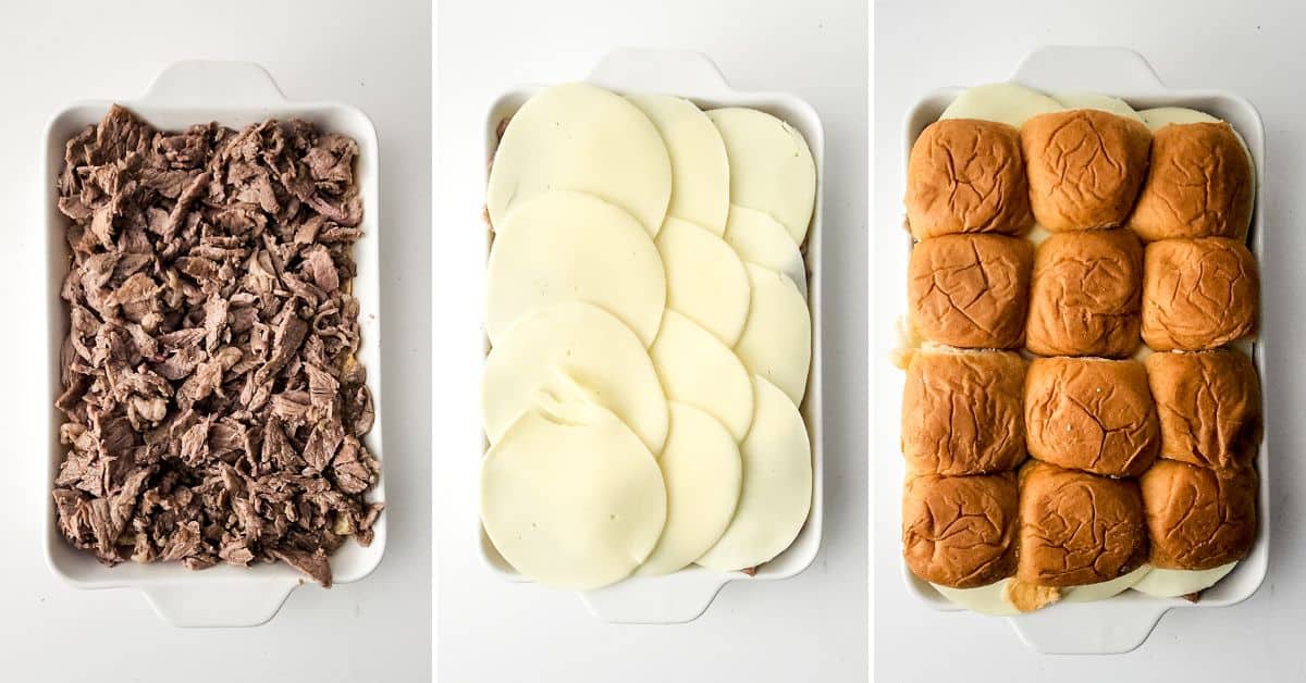 Three images show stages of assembling meat and provolone shredded beef in a baking dish, topped  and finished with a layer of buns.