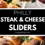 Close-up of steak and cheese sliders on a tray, one slider being pulled apart to reveal layers of melted cheese, tender steak, and sautéed onions nestled inside soft rolls, all garnished with chopped parsley.