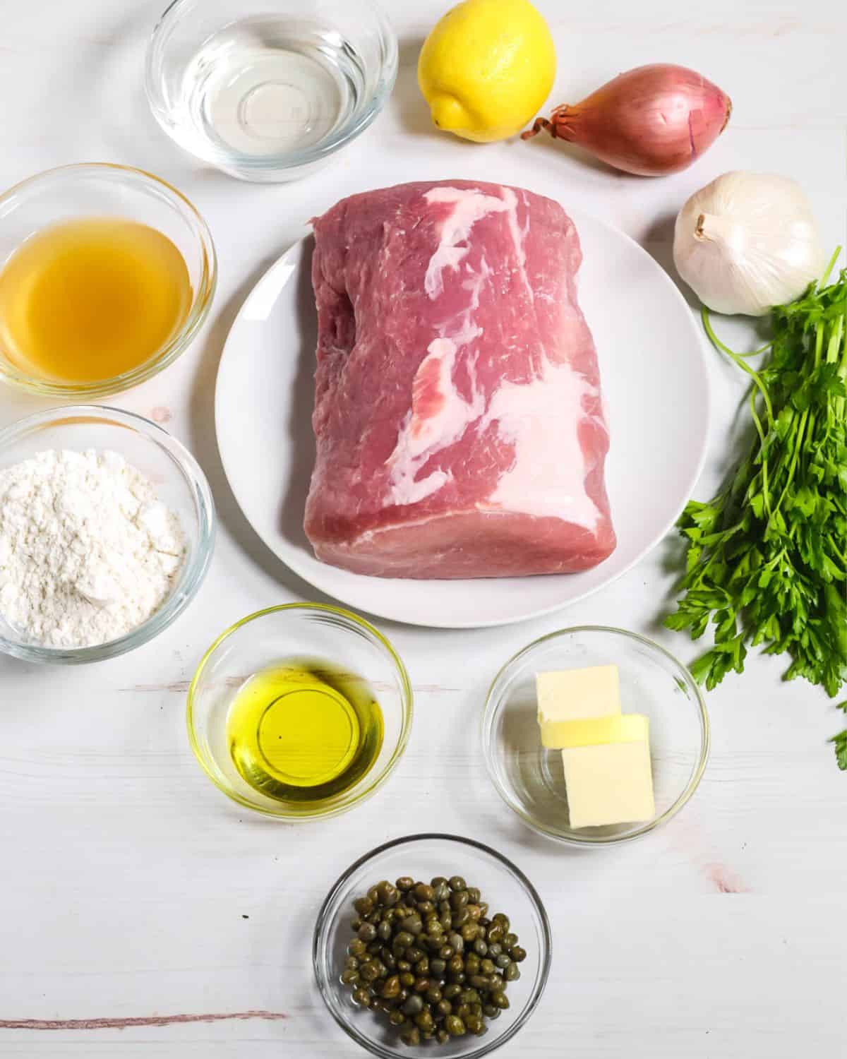 Ingredients to make sliced pork piccata recipe. 