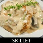 A plate of pork chops with mushroom gravy, garnished with fresh herbs, displayed with a text overlay stating "pork chops with mushroom gravy.