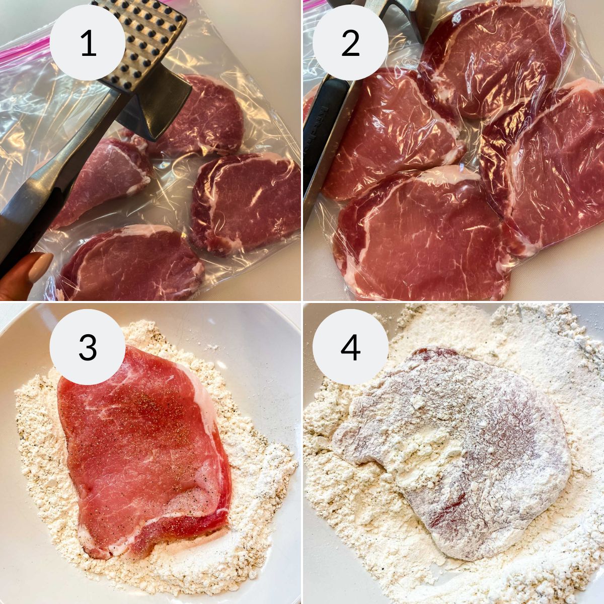 Step by step instructions for slicing and dredging pork cutlets. 