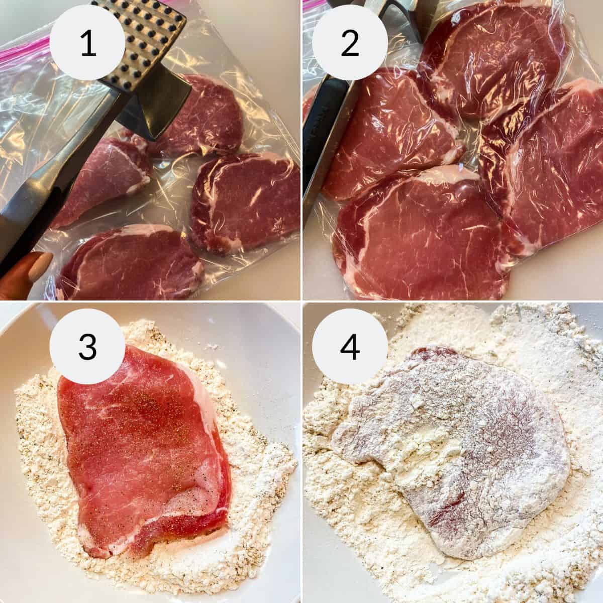 Step by step instructions for slicing and dredging pork cutlets. 