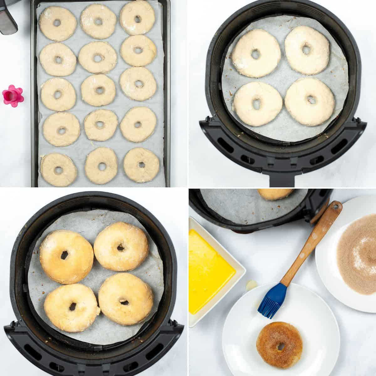 Four steps of making Air Fryer Biscuit Donuts: dough on a baking sheet, raw donuts in an air fryer, baked donuts in the fryer, and a finished donut being brushed with butter and dipped in cinnamon sugar.