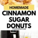 A plate of homemade Air Fryer Biscuit Donuts coated in cinnamon sugar is displayed on a table with a blue checkered napkin, orange juice, and a bowl of blueberries in the background.