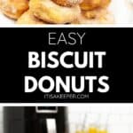 A plate of sugar-coated Air Fryer Biscuit Donuts is shown on a kitchen counter, with juice and blueberries in the background.