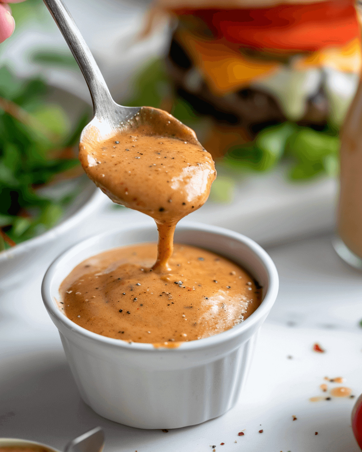 Burger sauce dripping off a spoon.