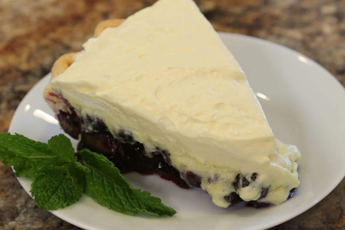 Blueberry cream pie on a white plate. 