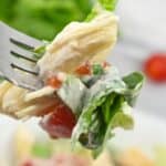 A close-up of a fork holding Caesar Pasta Salad—pasta, lettuce, tomato, and creamy dressing—with a blurred background of more salad and greens.