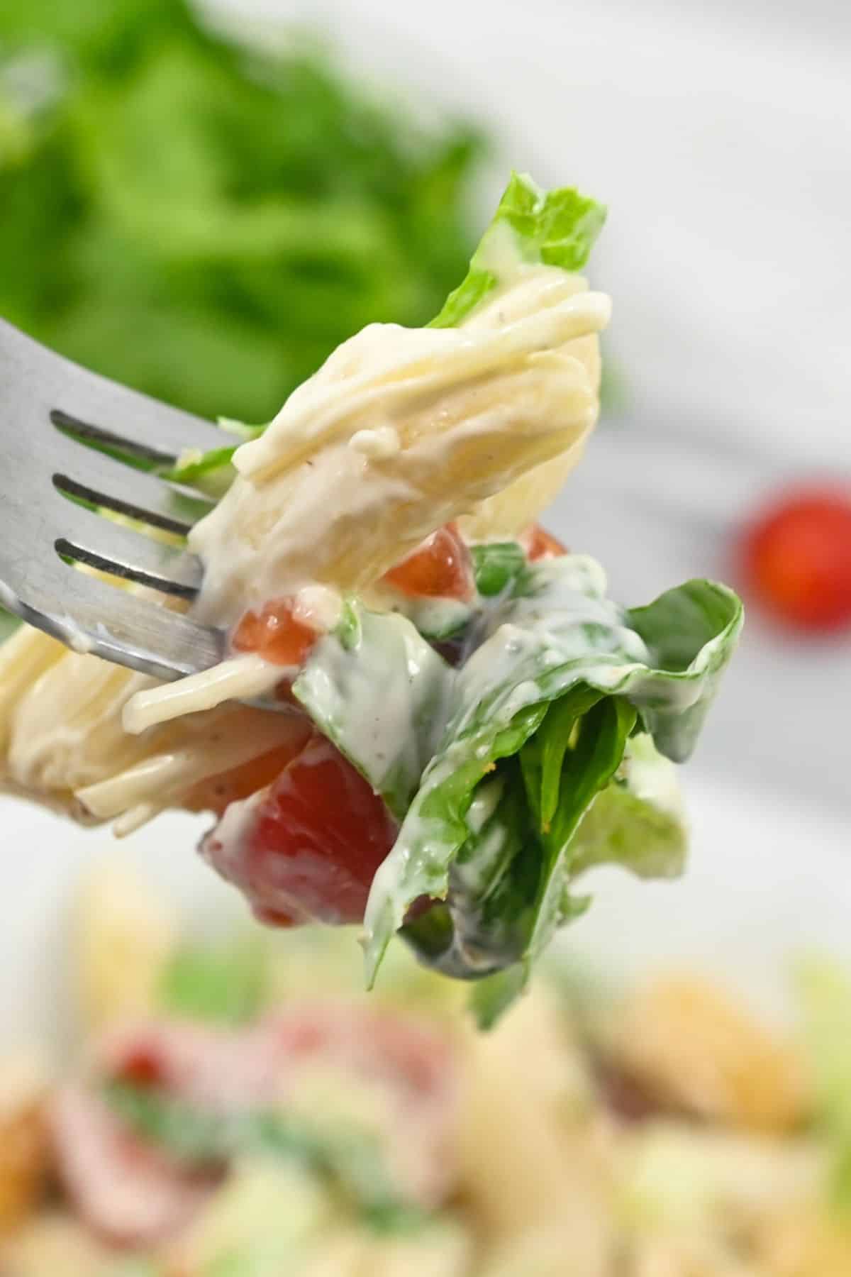 A close-up of a fork with a blurred background of more greens.
