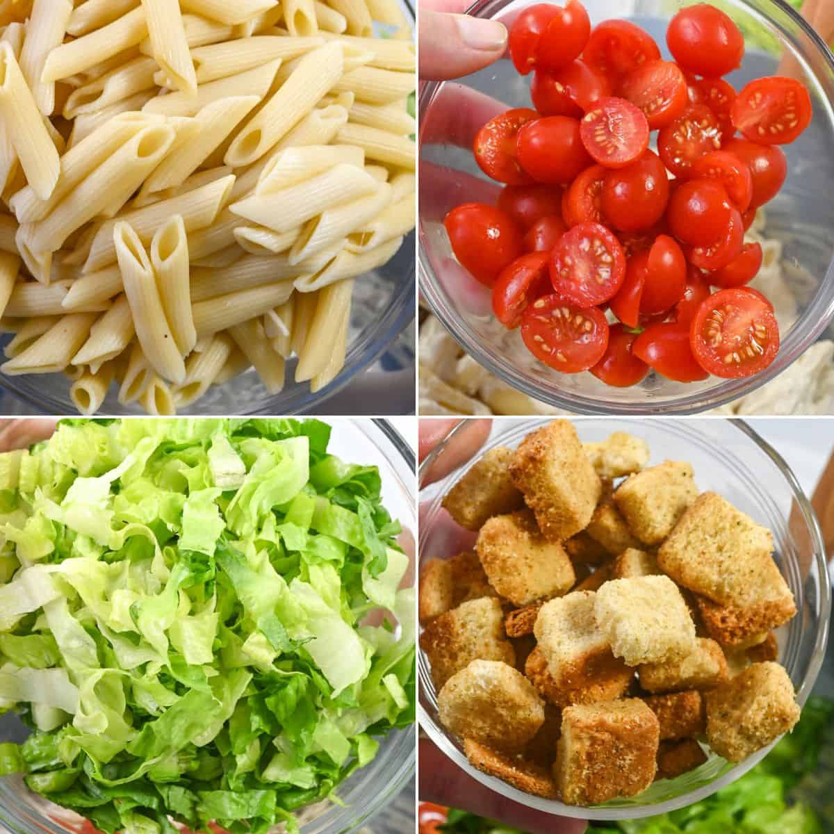 Four bowls containing uncooked penne pasta, halved cherry tomatoes, chopped lettuce, and croutons are arranged in a grid pattern—perfect for assembling a fresh Caesar Pasta Salad.