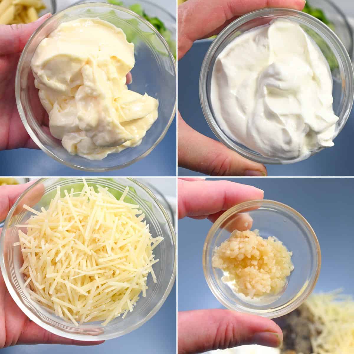 Four close-up images show bowls containing mayonnaise, sour cream, shredded parmesan cheese, and minced garlic—classic ingredients for a Caesar Pasta Salad—each held by a hand against a neutral background.
