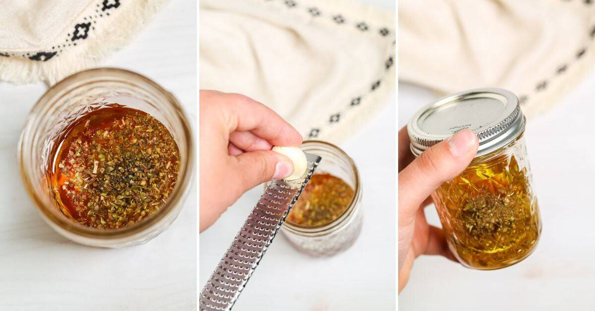 A jar with oil and herbs, a hand grating garlic into the jar for a Chickpea Feta Salad, and the jar sealed with a metal lid, all on a white surface with a cloth in the background.