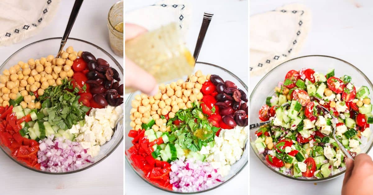 Three-step collage of a Chickpea Feta Salad being assembled: bowl with ingredients, dressing poured, then the mixed salad showing chickpeas, feta, cucumbers, tomatoes, onions, olives, and fresh herbs.